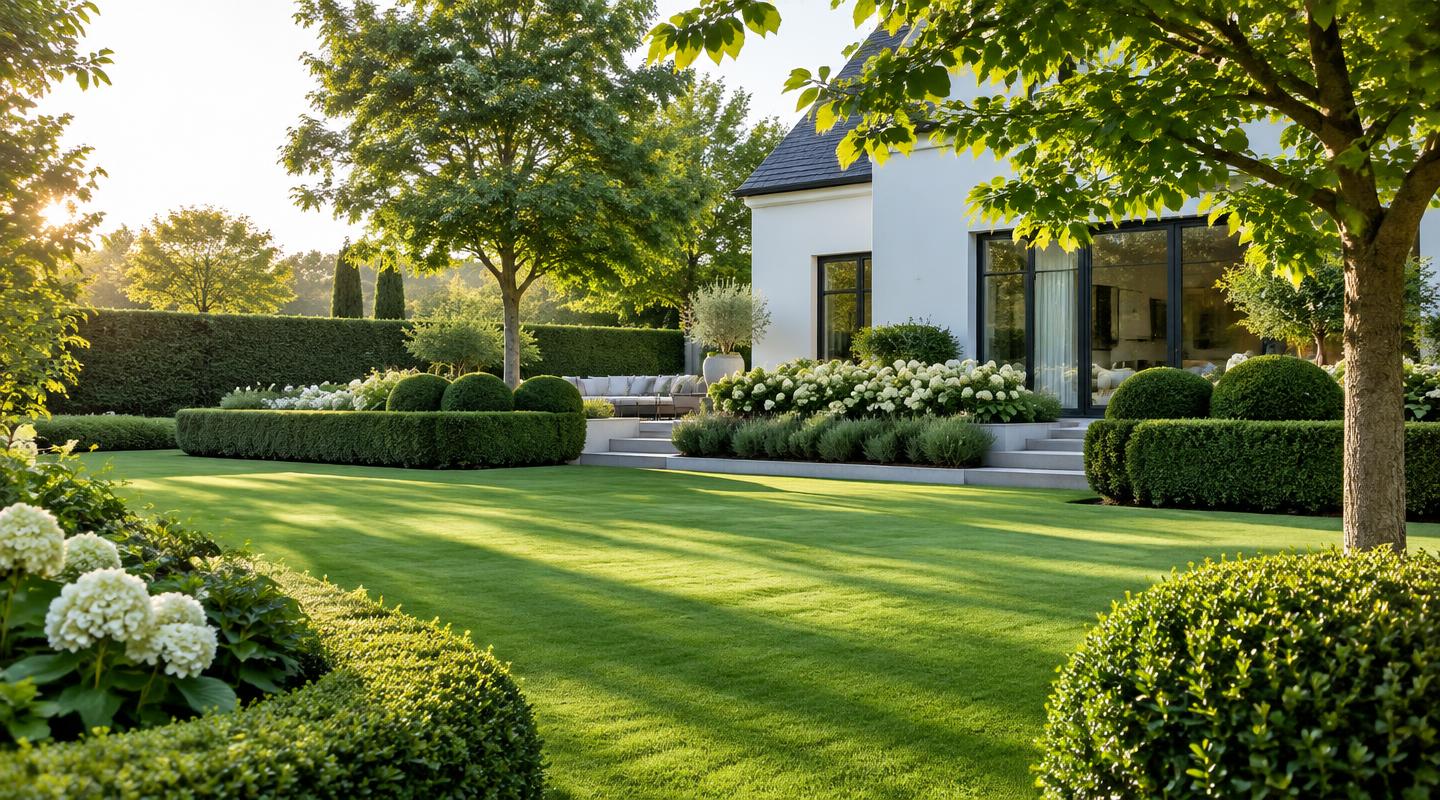 Illustrative landscape website with a sunlit garden